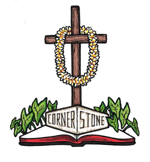 A cross and book with the word " cornerstone ".